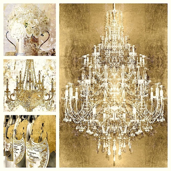 Luxury nights, Chandeliers & Dom Perignon Gold White Fashion glam wall art decor - Picture 1 of 7